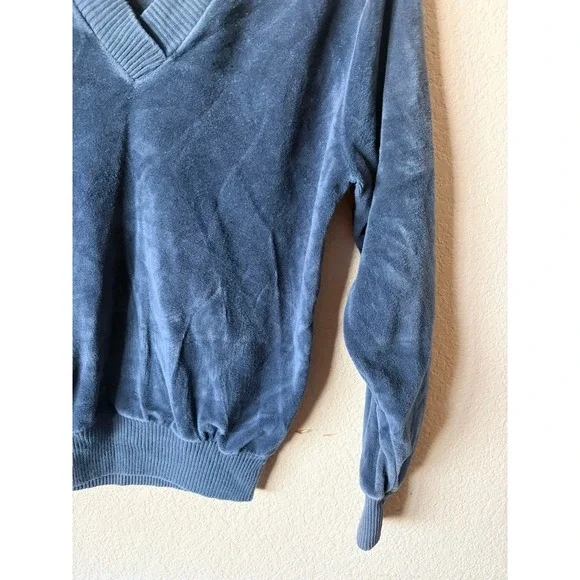 Vintage Velour V-Neck Pullover Sweater Blue Ribbed Trim Blouson XS Top Womens - Picture 5 of 7